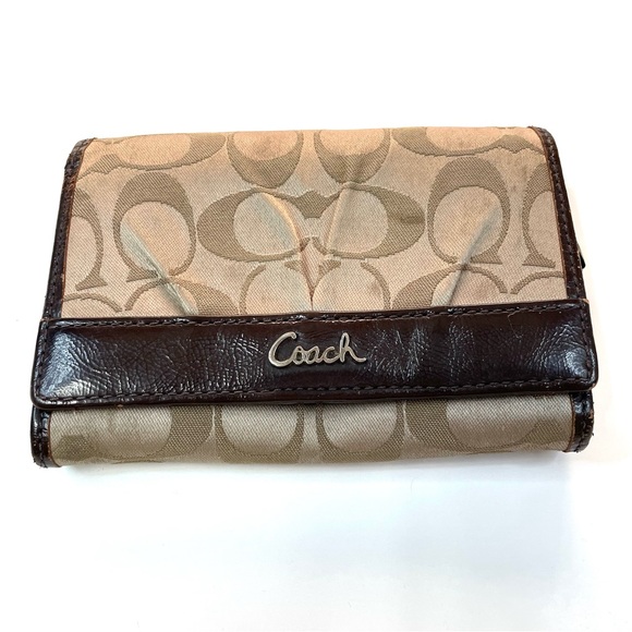 Coach Womens Wallet Bifold Button Shut Signature C Beige Khaki Brown #0589 - Picture 1 of 15
